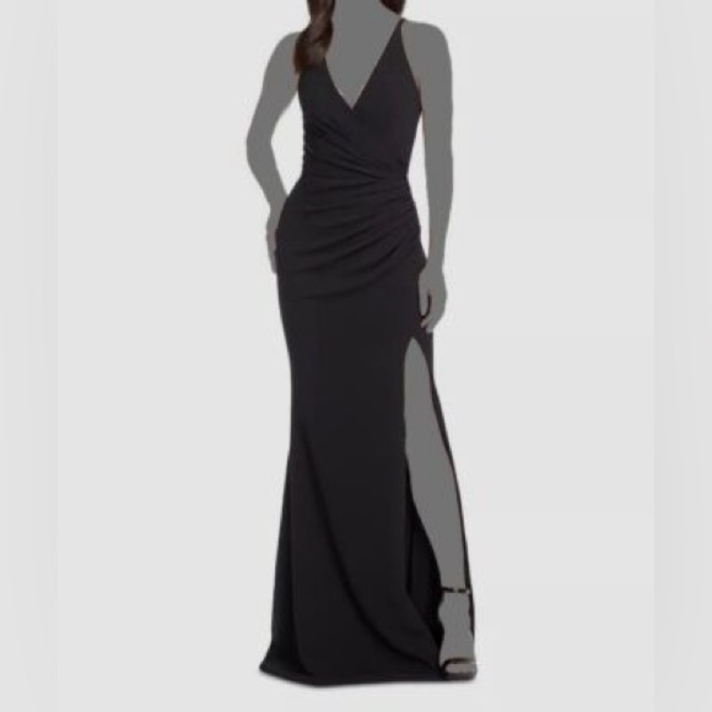 Dress The Population Women's Black Jordan Ruched Side-Slit Gown Dress Size M
